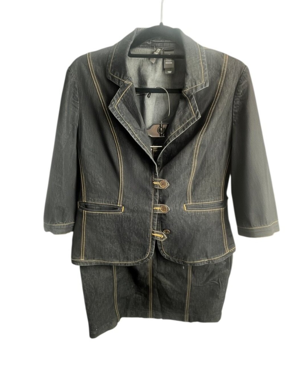 Bisou Bisou Dark Wash Denim Skirt Suit Set Large Jacket & Skirt Contrast Stitch